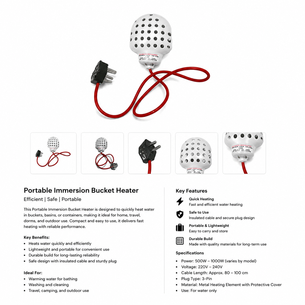 Portable Immersion Water Heater 1000W – Bucket Water Heater with 3-Pin Plug (220-240V)