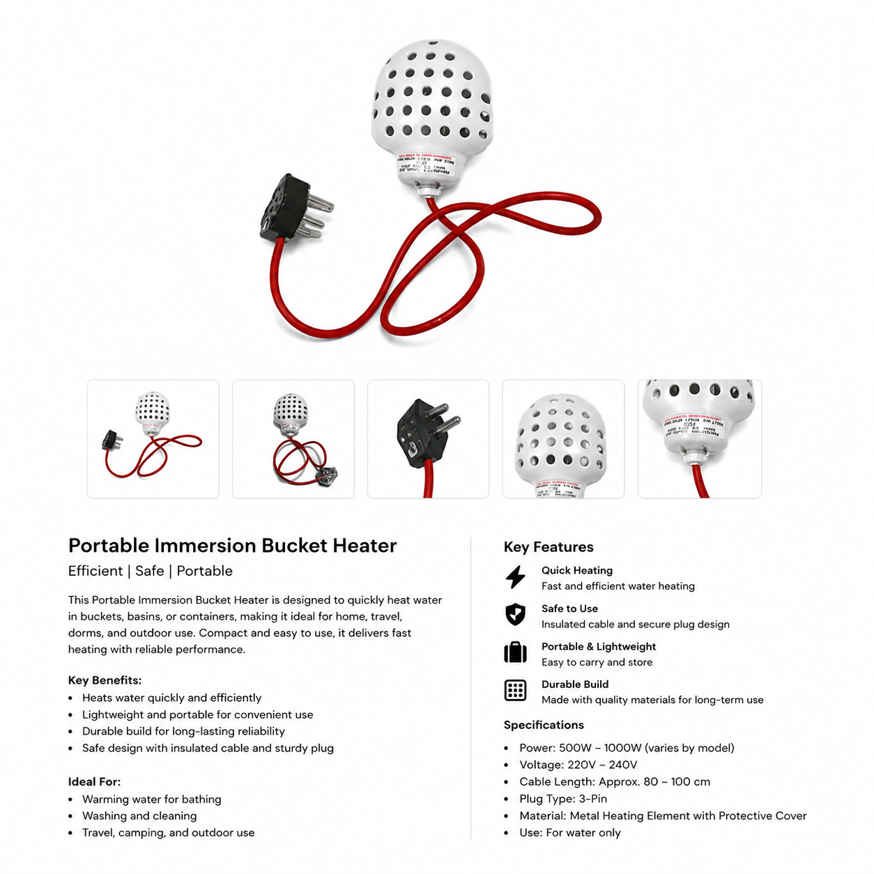 Portable Immersion Water Heater 1000W – Bucket Water Heater with 3-Pin Plug (220-240V)