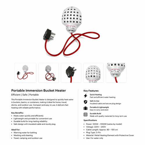 Portable Immersion Water Heater 1000W – Bucket Water Heater with 3-Pin Plug (220-240V)